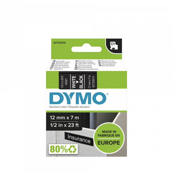 D1 - Cinta Dymo 12mmx7m. Blanco/Negro (45021)